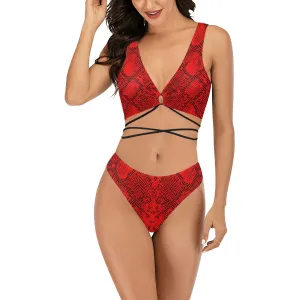 Crimson Snakeskin Cross String Bikini Set