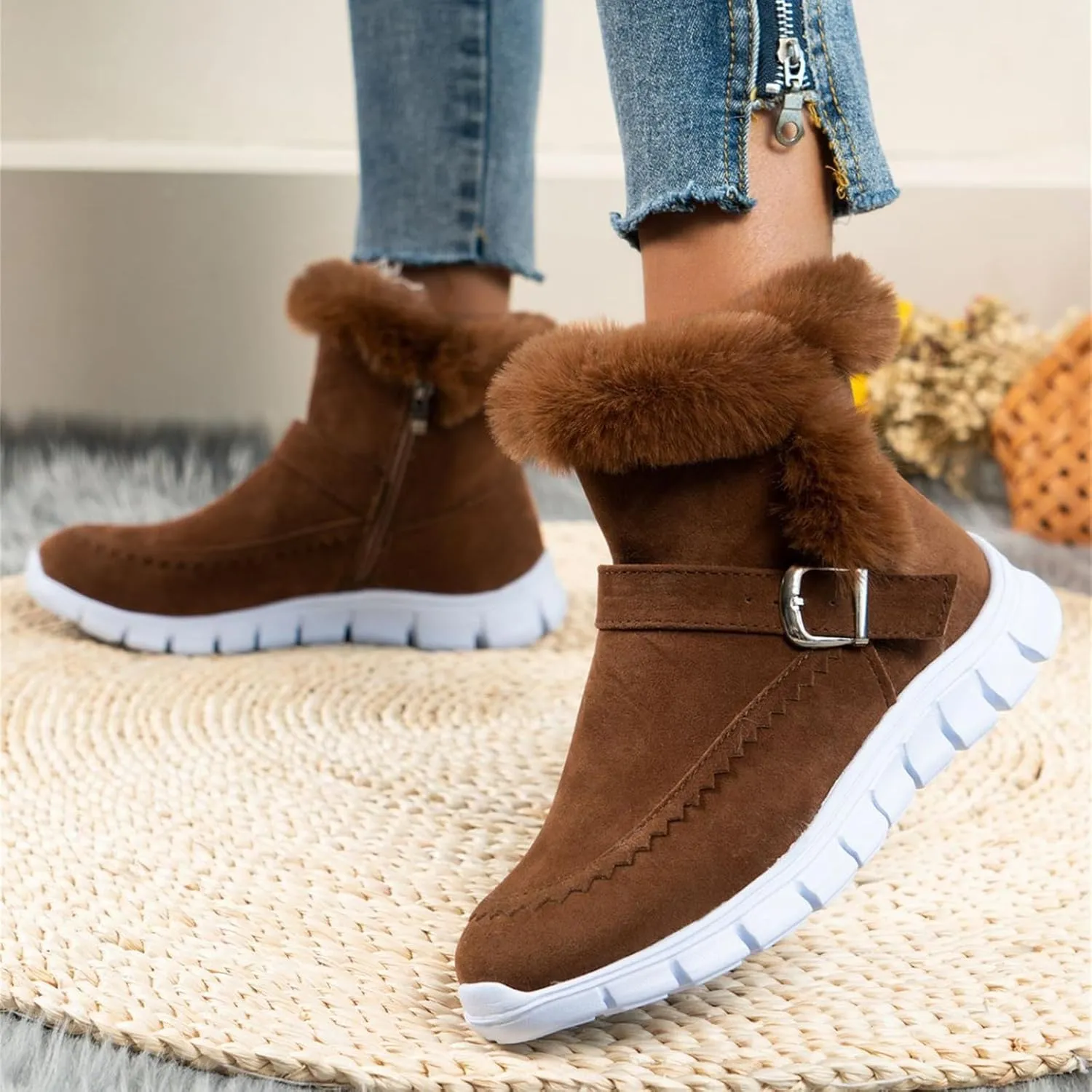 Lausiuoe Boots For Women Ankle Booties Warm Snow Winter Boots Casual Fashion Trendy Comfort Slip On Fur Lined Loafers Shoes