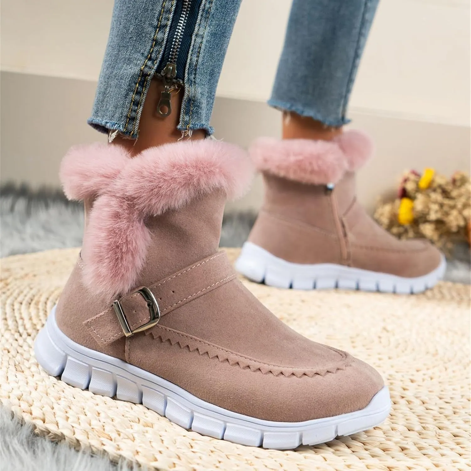 Lausiuoe Boots For Women Ankle Booties Warm Snow Winter Boots Casual Fashion Trendy Comfort Slip On Fur Lined Loafers Shoes
