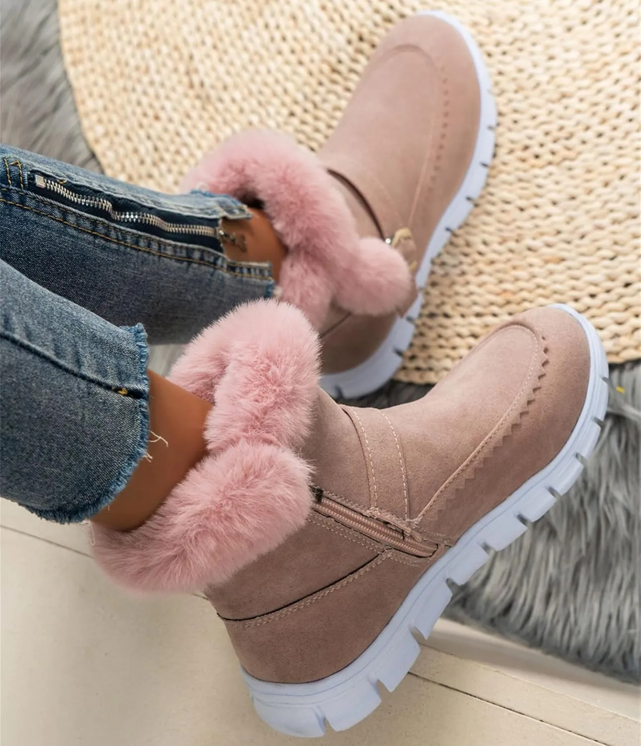 Lausiuoe Boots For Women Ankle Booties Warm Snow Winter Boots Casual Fashion Trendy Comfort Slip On Fur Lined Loafers Shoes