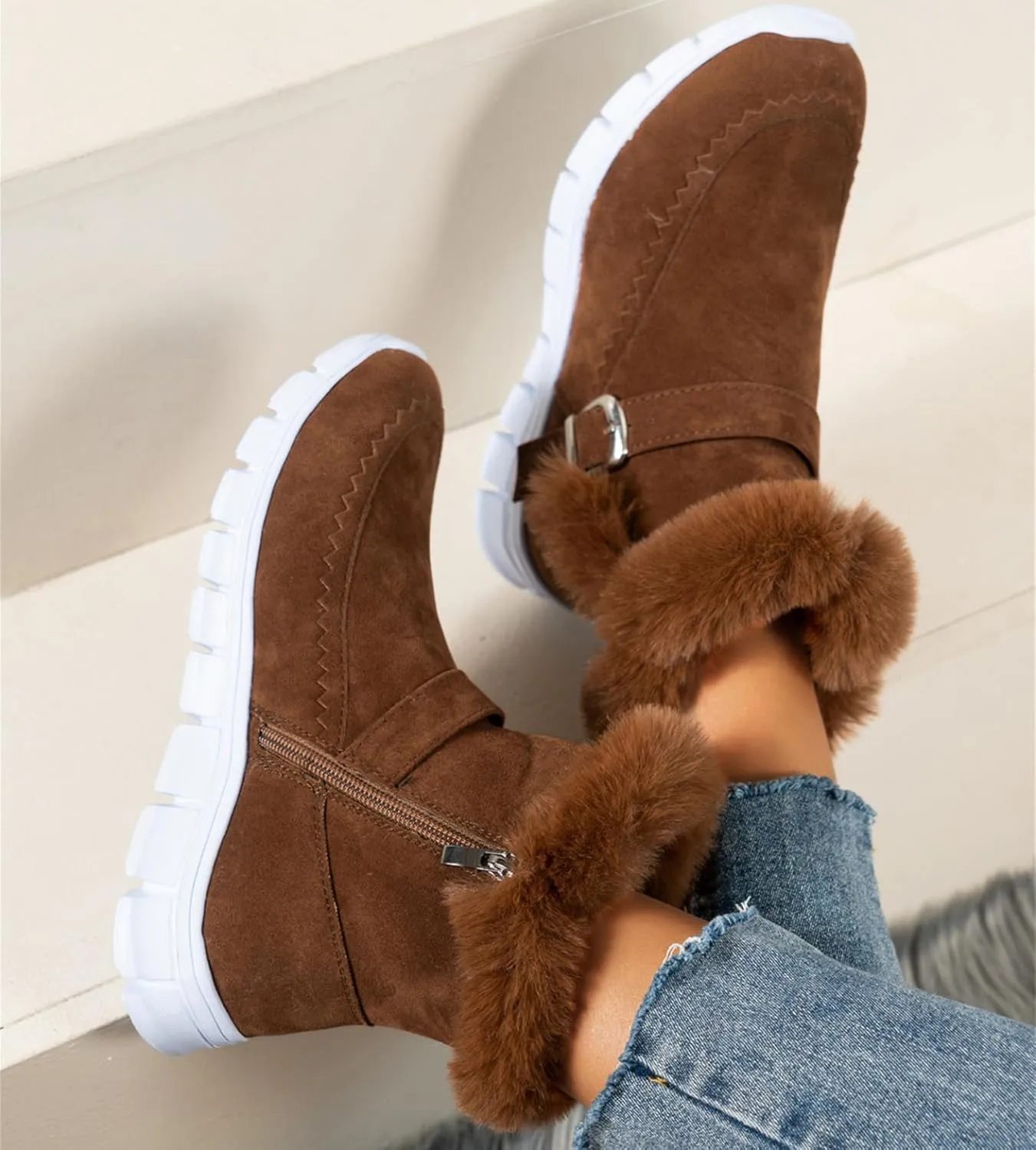 Lausiuoe Boots For Women Ankle Booties Warm Snow Winter Boots Casual Fashion Trendy Comfort Slip On Fur Lined Loafers Shoes