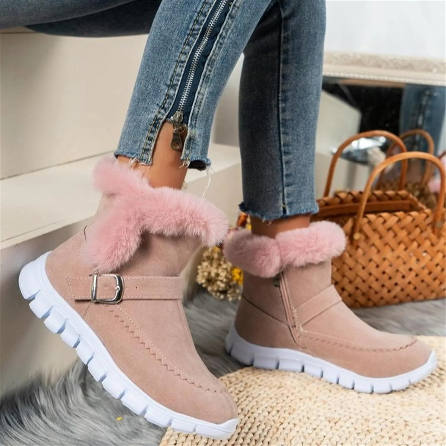 Lausiuoe Boots For Women Ankle Booties Warm Snow Winter Boots Casual Fashion Trendy Comfort Slip On Fur Lined Loafers Shoes