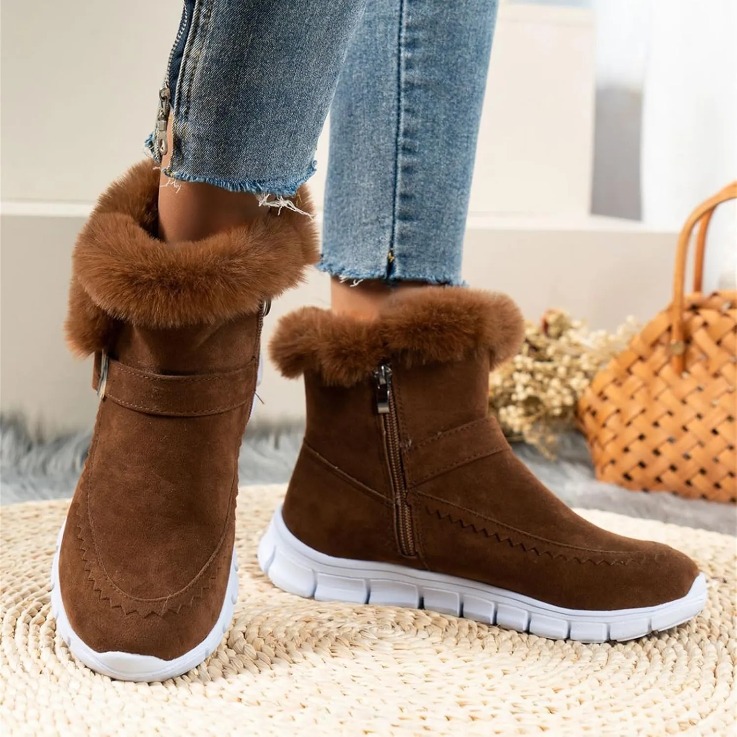 Lausiuoe Boots For Women Ankle Booties Warm Snow Winter Boots Casual Fashion Trendy Comfort Slip On Fur Lined Loafers Shoes