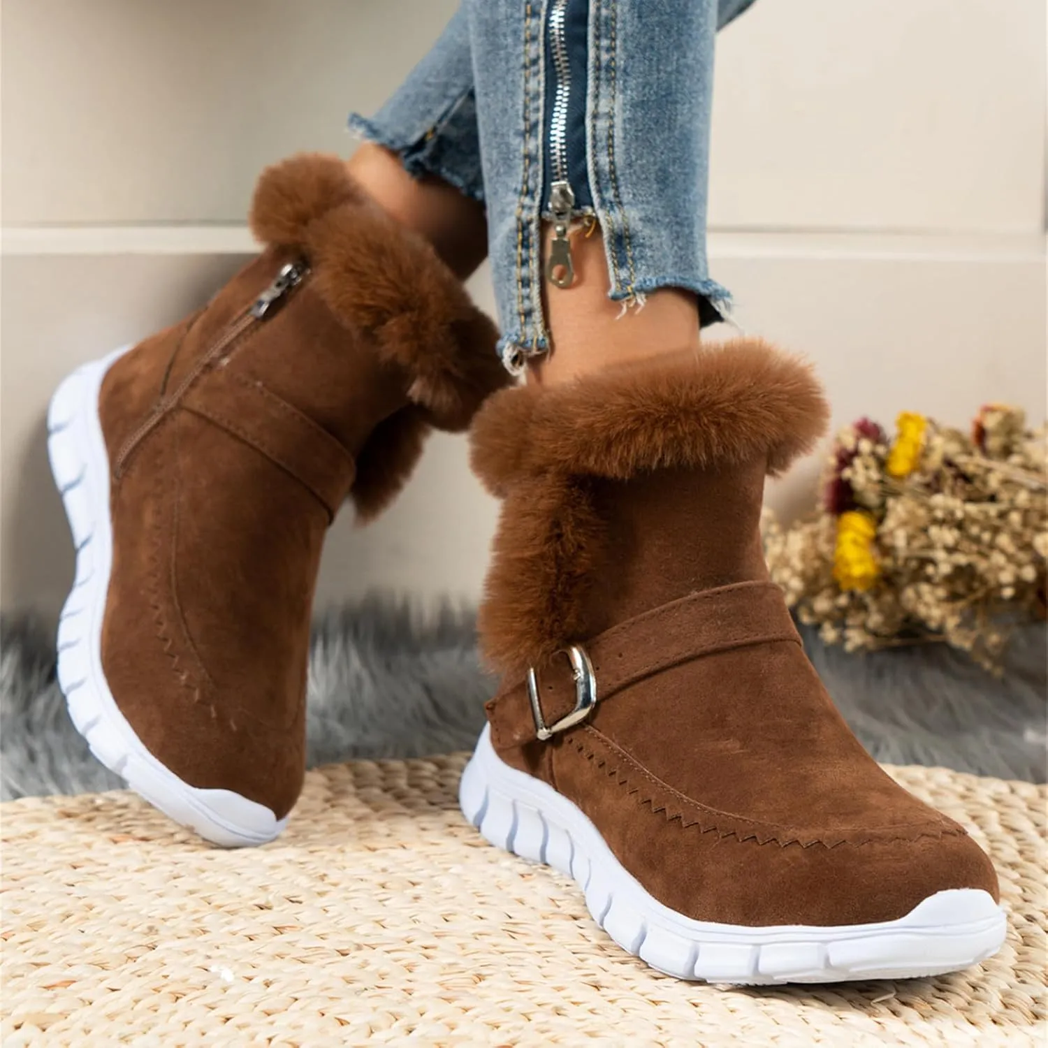 Lausiuoe Boots For Women Ankle Booties Warm Snow Winter Boots Casual Fashion Trendy Comfort Slip On Fur Lined Loafers Shoes