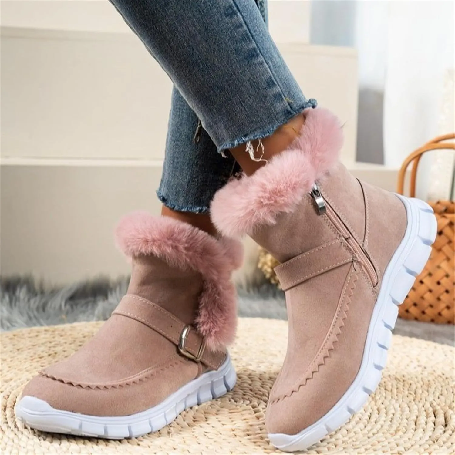 Lausiuoe Boots For Women Ankle Booties Warm Snow Winter Boots Casual Fashion Trendy Comfort Slip On Fur Lined Loafers Shoes