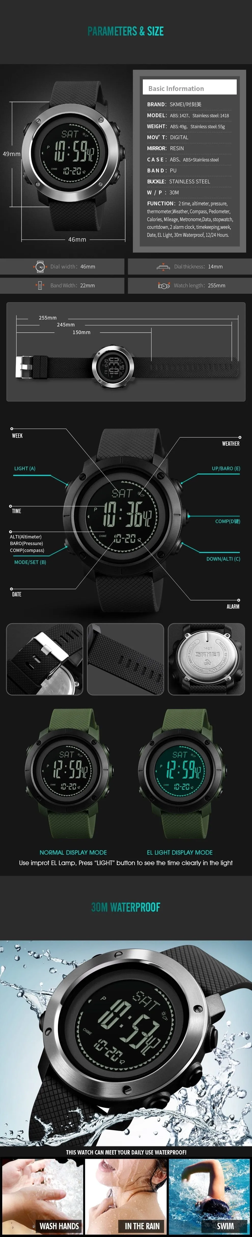 SKMEI Altimeter Barometer Thermometer Altitude Men Digital Watches Sports Clock Climbing Hiking Wristwatch Montre Homme 1418