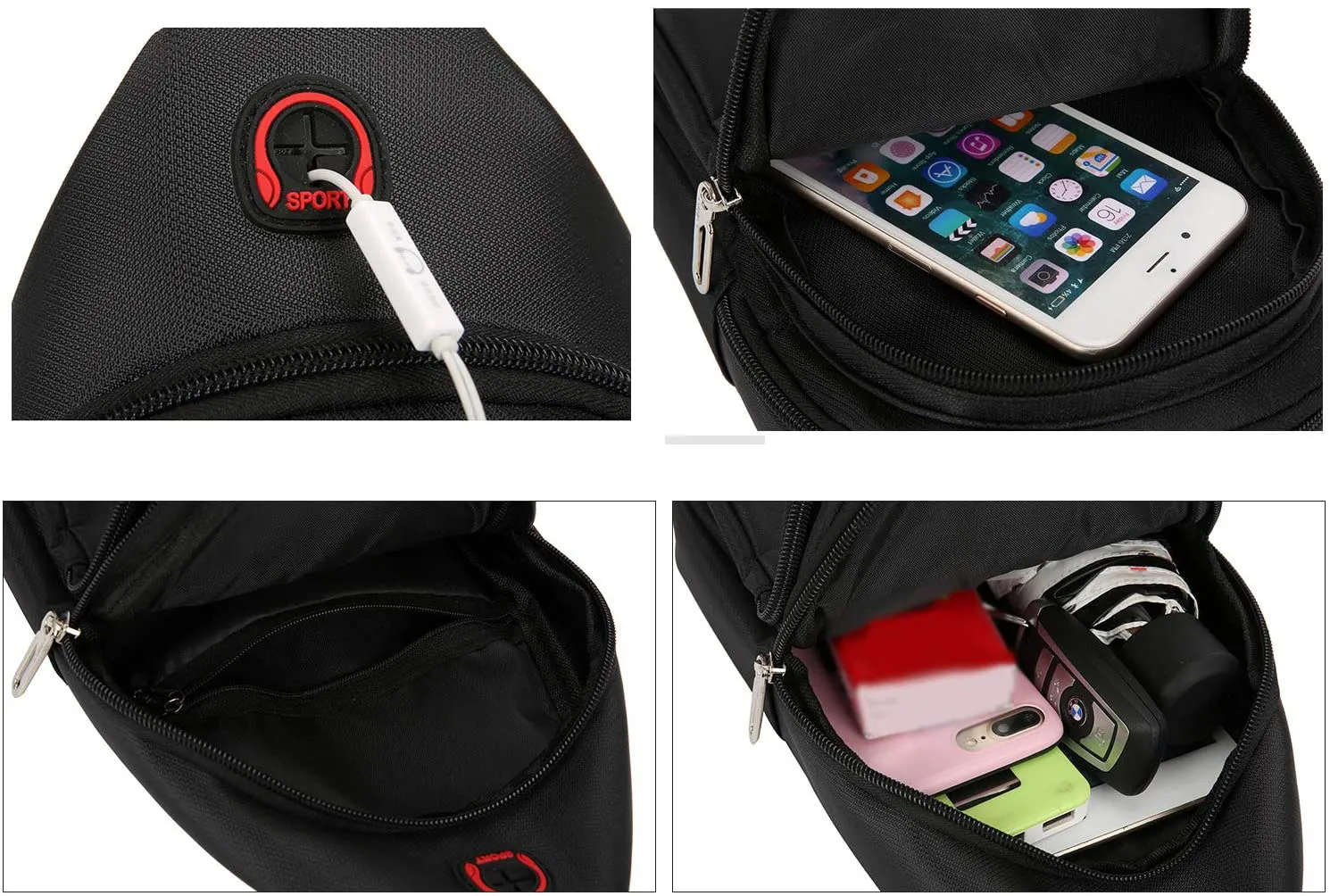 Small Sling Compact Crossbody Bag Chest Shoulder Travel Bag Purse for Men Women with Earphone Hole Water Resistant (Black)