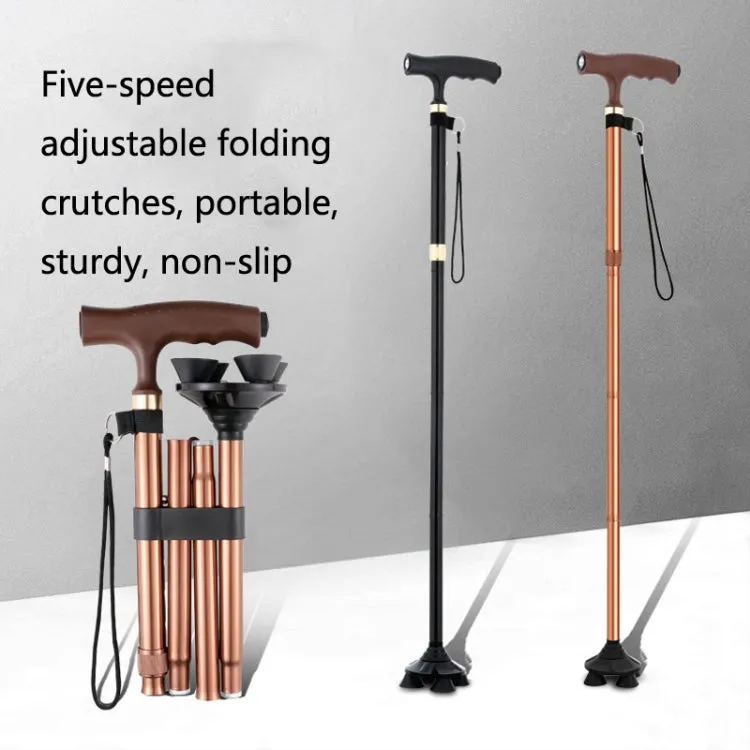 TBS-009 Four-Legged Folding Elderly Crutches Aluminum Alloy Light And Multifunctional Non-Slip Crutches With Light(Black)