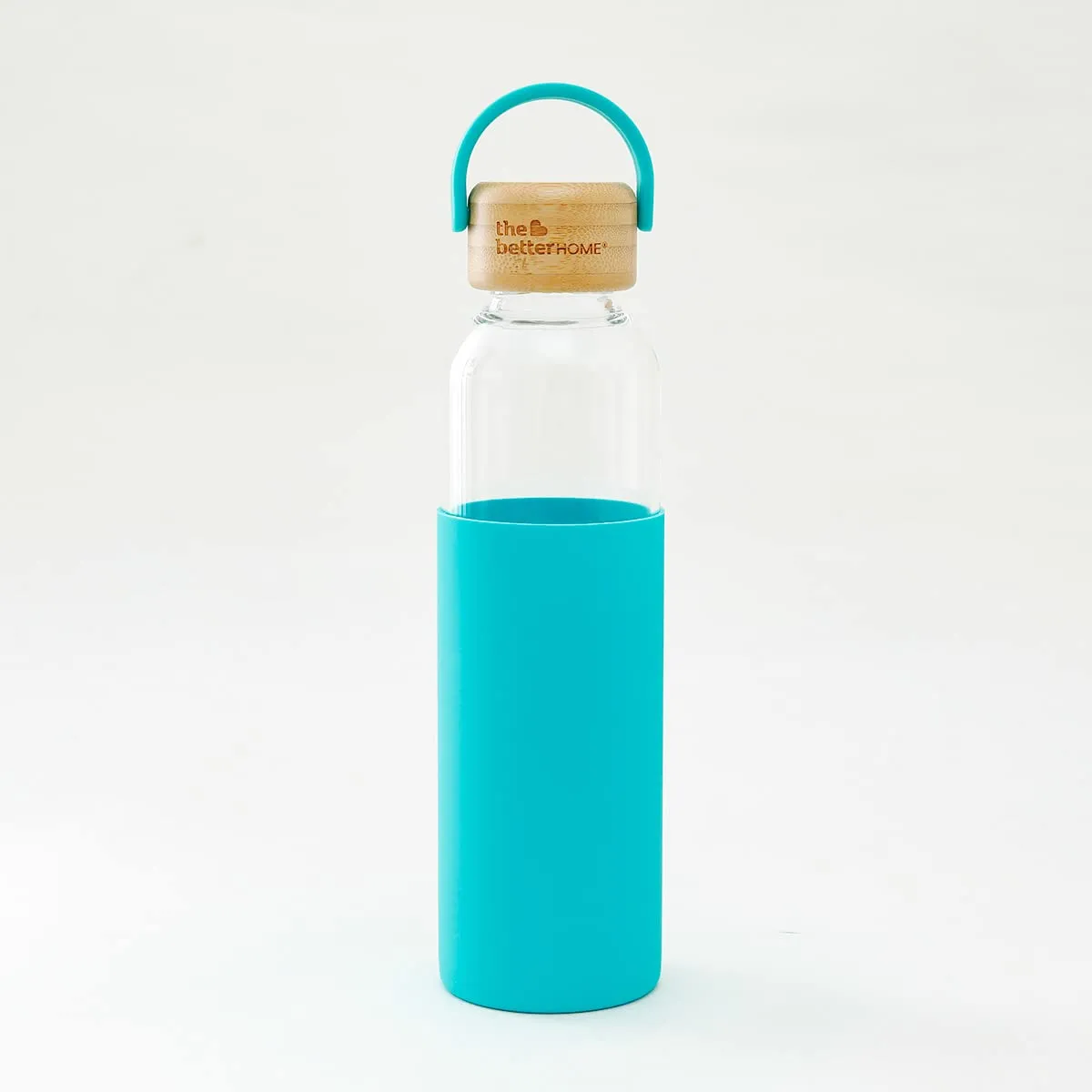 The Better Home Borosilicate Glass Water Bottle with Sleeve (500ml) | Non Slip Silicon Sleeve & Bamboo Lid | Water Bottles for Fridge | Light Blue (Pack of 1)